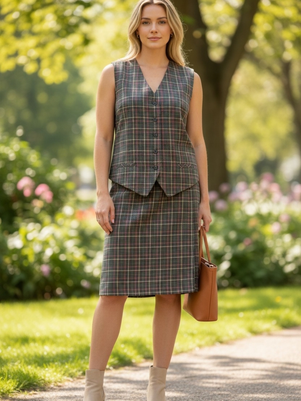 VTG Vest Skort Set‎ Sz XL Plaid Gray Academia Preppy Skirt 90s